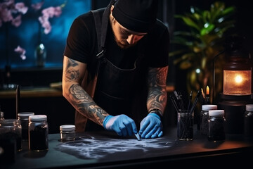 Professional male tattoo artist in black gloves makes ink and mixes paints using a mixer in the studio. Workspace of a tattoo artist. Tattoo preparation process