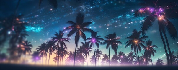 Fototapeta na wymiar Tropical palm trees adorned with twinkling holiday lights under the night sky. Concept Tropical, Palm Trees, Holiday Lights, Night Sky
