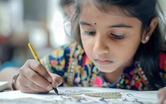 child drawing with crayons HD 8K wallpaper Stock Photographic Image