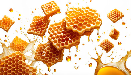 Gold gelb flüssiger Honig fließend dynamisch in Waben als süßes Essen gesunde Nahrung von Honigbienen natürlich vegan vegetarische leichte Kost, wie Karamell Zucker Hintergrund und Vorlage 