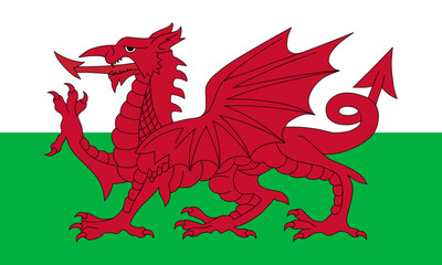 Close-up of white, green and red national flag of European country of Wales with red dragon with tongue out. Illustration made February 20th, 2024, Zurich, Switzerland.