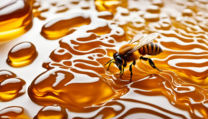 fleißige Bienen Honigbienen Insekten schwirren und fliegen vor Hintergrund in weiß mit Honig und Waben, Makro hübscher Tiere der Natur Nützlinge für Blüten Blumen Bestäubung und Nahrung - obrazy, fototapety, plakaty