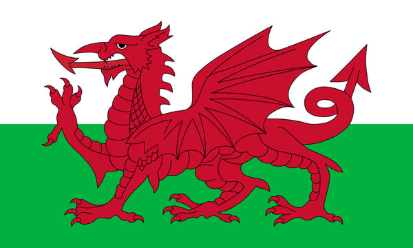 Close-up of white, green and red national flag of European country of Wales with red dragon with tongue out. Illustration made February 20th, 2024, Zurich, Switzerland.
