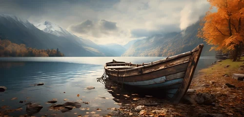 Poster Fantasy landscape with old boat on the lake. Generative AI © ceoJAHID