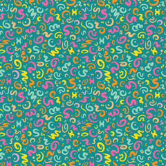 Curved calligraphy lines in seamless pattern in carpet design style. Attractive ornament with colorful curly lines on teal backdrop. Creative art texture for printing on different surfaces.