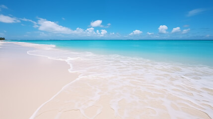 Tropical beach. Summer banner background and wallpaper. Foam of waves, sand and turquoise clear sea water