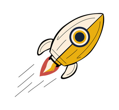Rocket ship launched to space. Flying cosmos shuttle, rocketship. Business booster, startup, innovative idea, startup concept. Flat vector illustration on transparent background, cartoon icon.