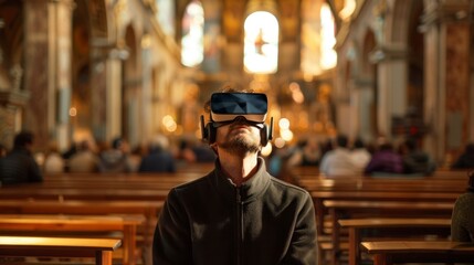 man in a church with virtual reality glasses sitting in high resolution and quality. church concept, culture and religion, Catholics, Christians, Apostolic, Protestants, Muslims, Orthodox