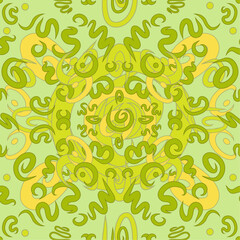 Lime and yellow carpet like ornamentation arranged in vector seamless pattern. Calligraphy lines in surface art texture for printing on various surfaces or usage in graphic design
