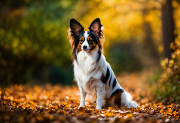 The Papillon dog poses with his whole body in nature