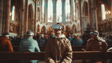 Fototapeta na wymiar man in a church with virtual reality glasses sitting