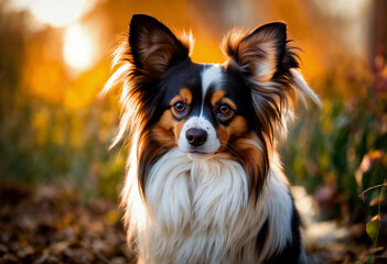 The Papillon dog poses with his whole body in nature