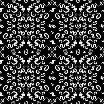 Calligraphy style twisted white lines in vector seamless pattern that resembles carpet design. Subtle monochrome symmetrical ornamentation for printing on different surfaces or usage in graphic design