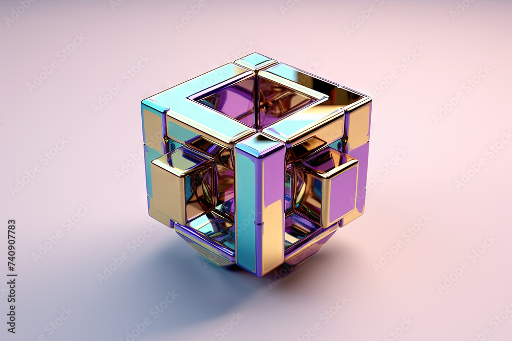 Aufkleber Ethereal geometric sculpture with a cube shape. Shiny crystal cube structure with vibrant colors in vaporwave and y2k style.