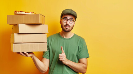 Delivery man in green shirt holding pizza boxes pointing up, isolated on yellow background. Place for an inscription.