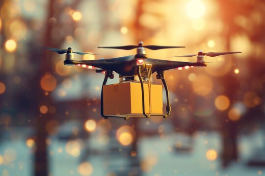 Smart package Drone Delivery contactless delivery. Box shipping daa parcel pizza box transportation. Logistic tech tanker freight mobility electric planes