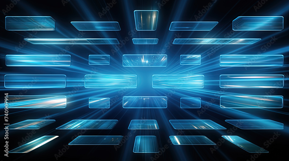 Aufkleber business abstraction with infographics style data blocks in blue glowing lights.