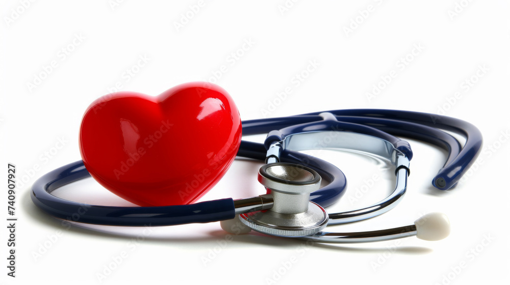 Wall mural red heart-shaped object alongside a blue stethoscope against a white background, symbolizing healthc