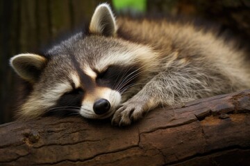 Cute raccoon sleeping in a tree, fluffy animal, adorable, closed eyes, fluffy paws, summer sleep