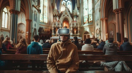 Fototapeta na wymiar man in a church with virtual reality glasses sitting in high resolution and quality. concept church, culture and religion, Catholics, Christians