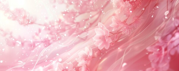 Fototapeta premium Blush-toned backdrop swirls with cherry blossoms, conveying a dreamlike quality in a delicate dance of light and petals