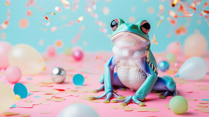 Cute frog Symbol of the day in a leap year, celebrating the frog jump event, on a festive background with flying confetti on a pastel background - obrazy, fototapety, plakaty