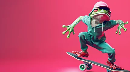 Deurstickers Modern funny frog in a baseball cap rolls on a skateboard in a dynamic pose. Symbol of the day in a leap year, celebrating the event of the frog jump on February 29 © ximich_natali