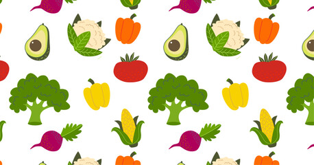 Colourful vegetables seamless pattern. Healthy food and vegan lifestyle concept. Design for kitchen wallpaper, textile, wrapping paper.