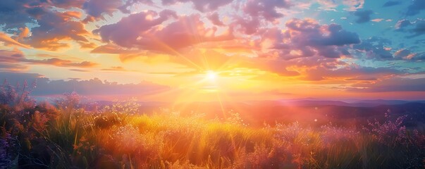 Dreamy Sunrise and Sunset Landscape with Flowers and Hills