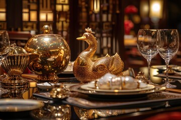 Fototapeta na wymiar A visually stunning table setting featuring an exquisite gold duck as the centerpiece, complemented by elegant tableware and decor, Golden Peking duck displayed on a luxurious setup, AI Generated