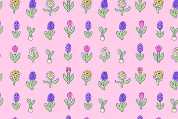Springtime pattern with various on a pink background. Spring elements. Seamless design for textile, wallpaper, and print.