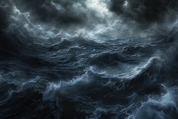 This painting captures the intense power of a storm in the ocean, with waves crashing against rocks, Gothic style image of a dark and stormy sea, AI Generated