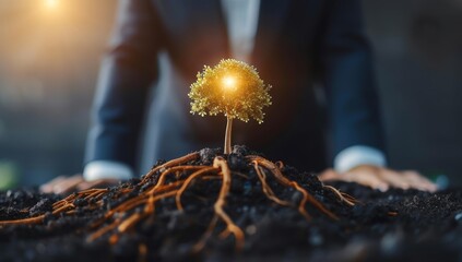 Businessman nurturing glowing sprout in soil