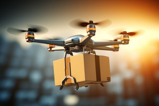 Smart package Drone Delivery tech methodologies. Box shipping uam parcel first mile freight transportation. Logistic tech iiot mobility emergency drone delivery