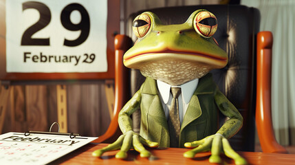 The frog is a symbol of day in a leap year, sitting near a calendar with the date February 29. Confident frog office worker in business clothes resting in a chair