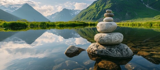 Tranquil scene of rock stack peacefully perched on top of serene lake - obrazy, fototapety, plakaty