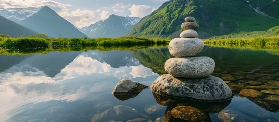 Rolgordijnen Tranquil scene of rock stack peacefully perched on top of serene lake © TheWaterMeloonProjec