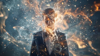 A man in a suit with fire in his head and fog around a surrealistic elements and ethereal light effects digital art photo - obrazy, fototapety, plakaty