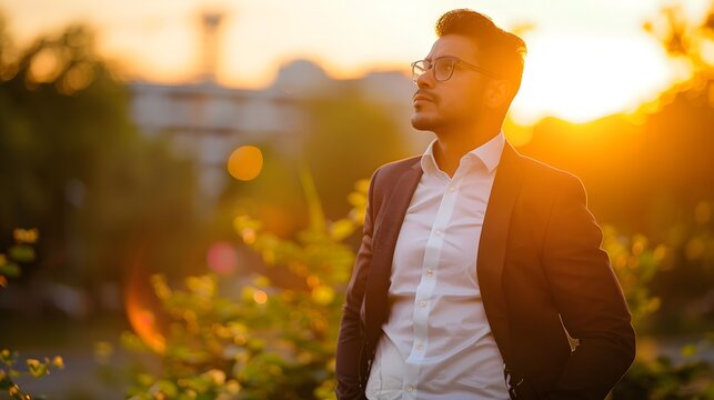 Business Man Standing in Cityscape at Sunset