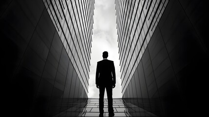 Black and White Silhouette of Businessman Standing Tall in Cityscape