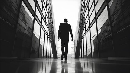 Businessman Walking in Black and White Hallway - Powered by Adobe