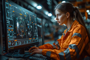 Fototapeta na wymiar Amidst a sea of fabric and technology, a determined woman in an orange jumpsuit navigates the intricate world of electronic engineering with a focused gaze and skilled hands