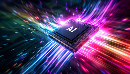 AI chip with vibrant light trails