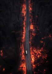 Hot summer weather with extreme fire in forests, aerial view over car road Generative Ai.