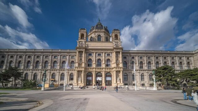 Art History Museum in Vienna, Austria. Beautiful view of famous Naturhistorisches Museum (Natural History Museum) with park and sculpture in Vienna time lapse hyperlapse video in 4k.