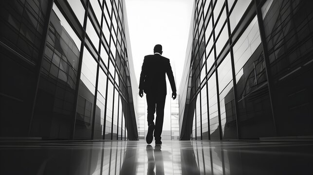 Businessman Walking in Black and White Hallway