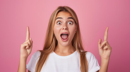 A surprised woman in a white shirt points upwards with both hands, her mouth open in a joyful expression against a pink background.