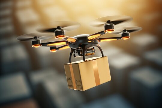 Smart package Drone Delivery iot. Box shipping smart living parcel drone delivery insurance transportation. Logistic tech neural networks mobility compostable box