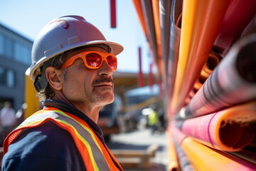 A mature man working at a construction site, carrying pvc pipes on his shoulder. He is wearing a hardhat, safety glasses, and reflective vest. He is working on the renovation of a strip mall