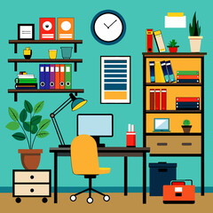 Vector Illustration: Office Workplace Concept - Where Ideas Flourish and Collaboration Thrives